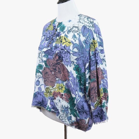 Anthropologie Maeve Size M Popover Blouse 3/4 Sleeve Fray Edge Floral - Picture 1 of 10